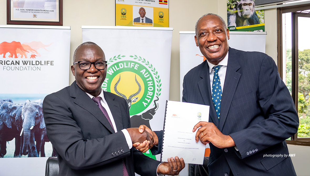 AWF CEO Kaddu Sebunya and UWA Executive Director Sam Mwandha
