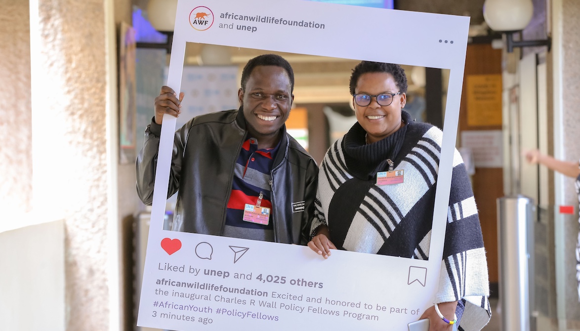 Gervais Muderhwa, left, with Simangele Msweli in an Instagram cutout.