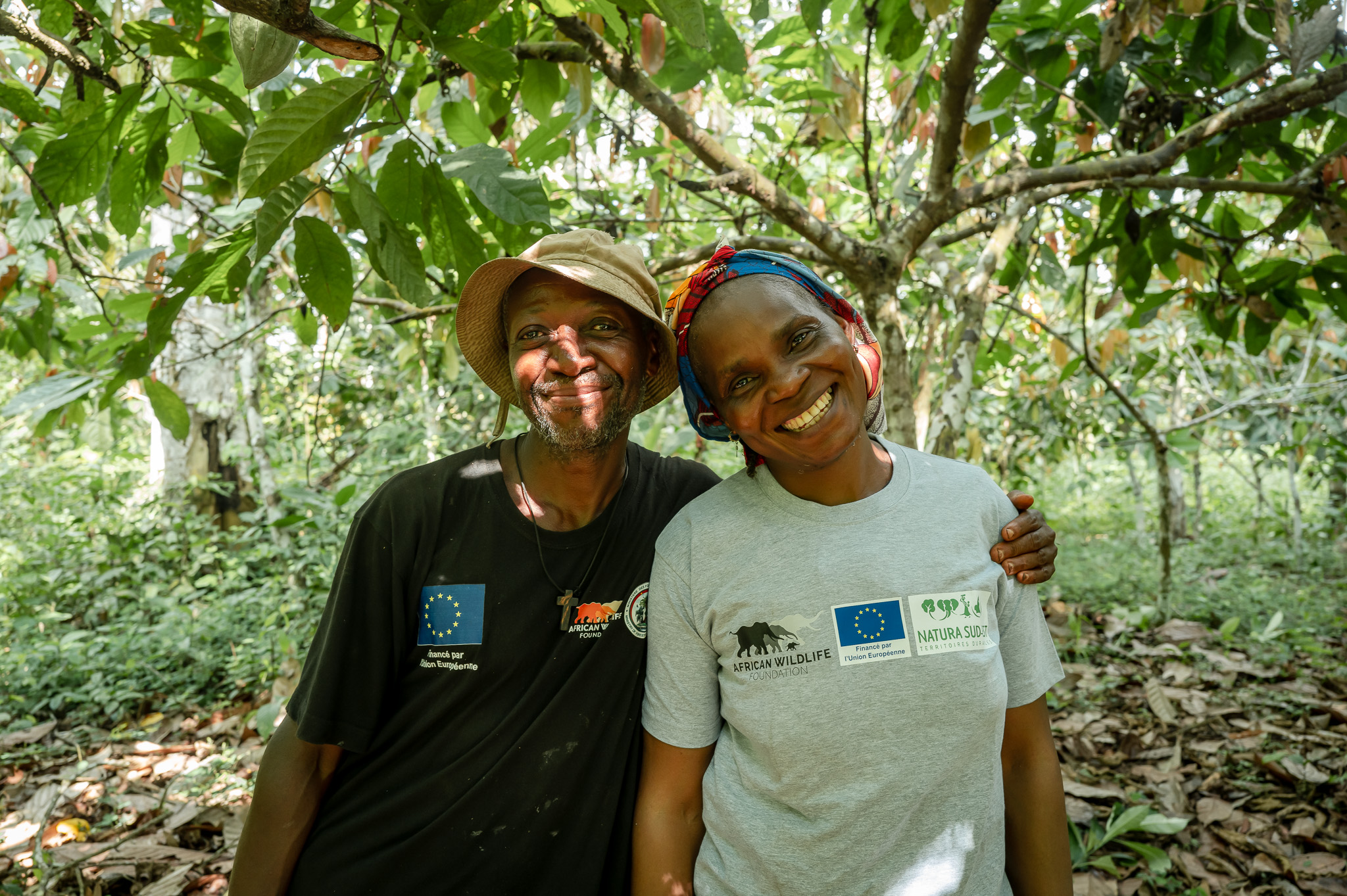Sere Etienne and his wife Mango'o Clautilde, AWF community partners, on their cocoa farm in Schouam village – Dja, Cameroon.