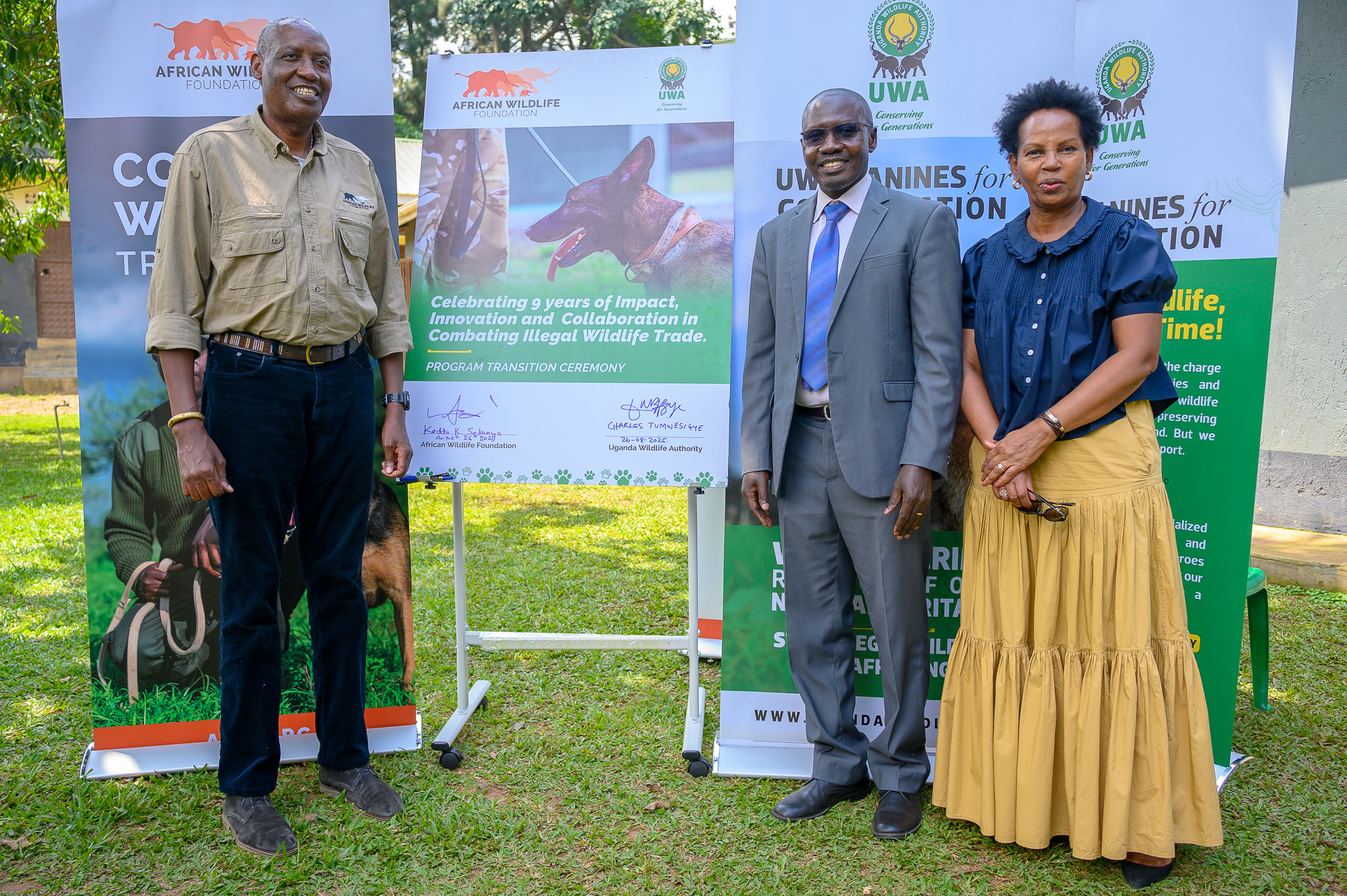 AWF CEO Kaddu Sebunya, UWA, Fiel Operations Director Charles Tumwesigye, and AWF Uganda Country Director Rose Ssebatindira during the program transition ceremony. 