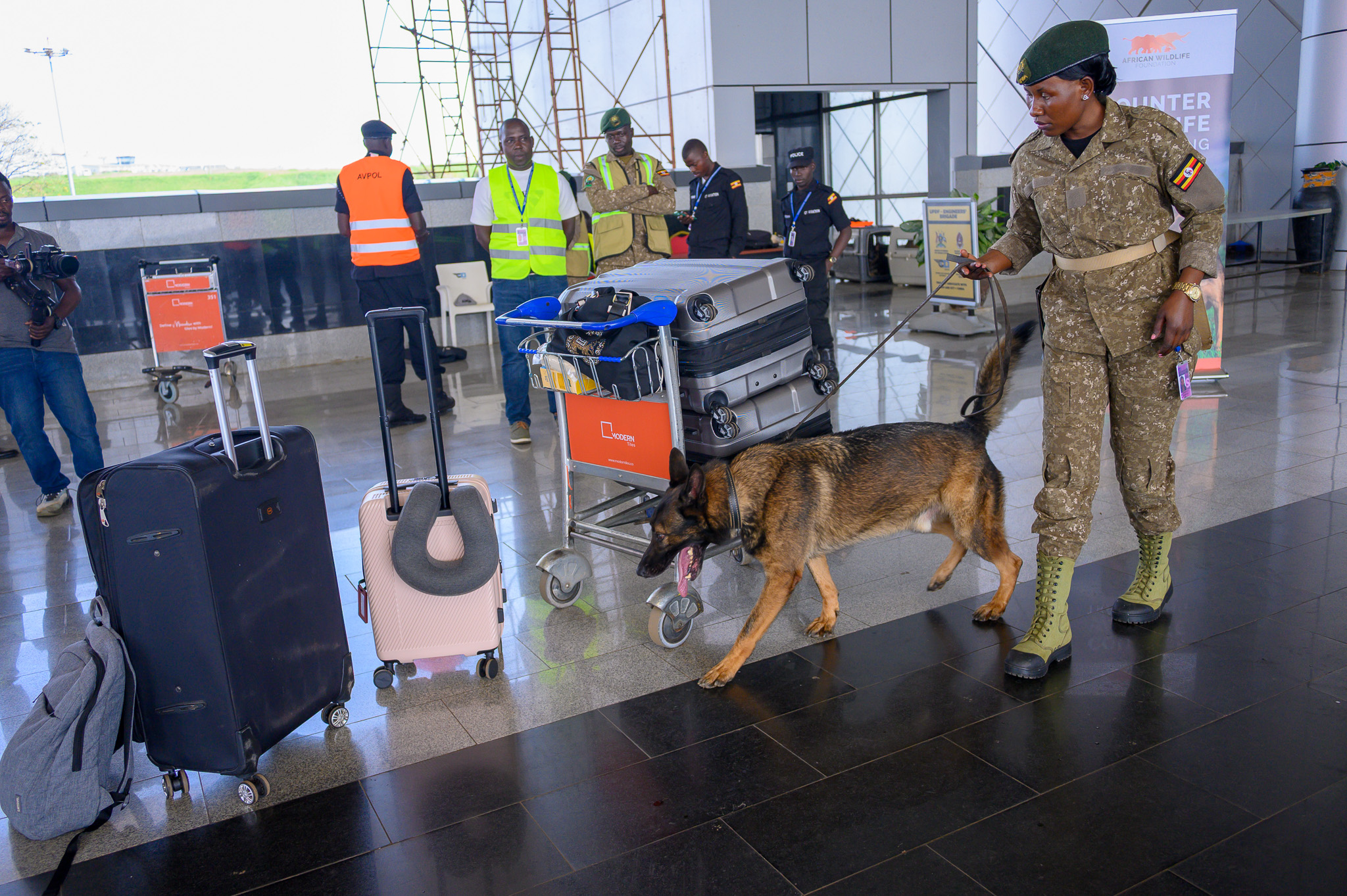 One of the detection dogs and handler during a demonstration at the Entebbe International Airport