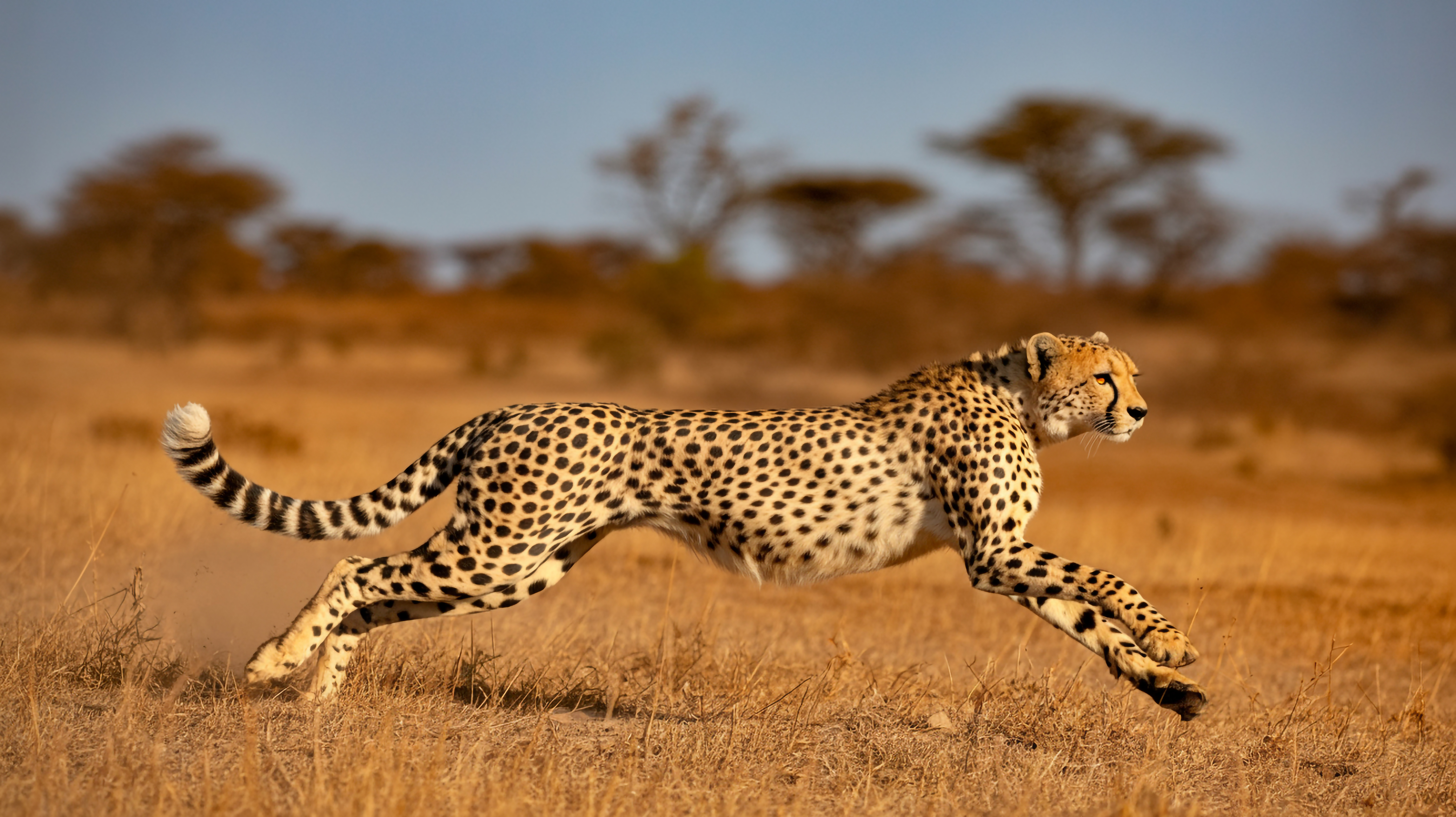 Cheetah sprinting across dry savanna grass.