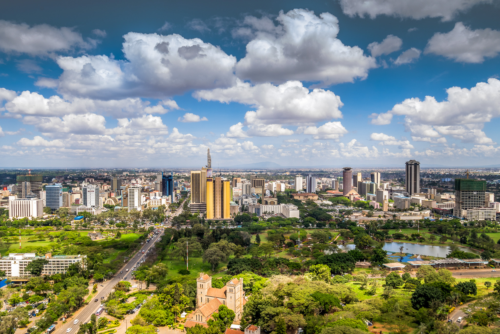 An aerial view of Nairobi's modern cityscape.