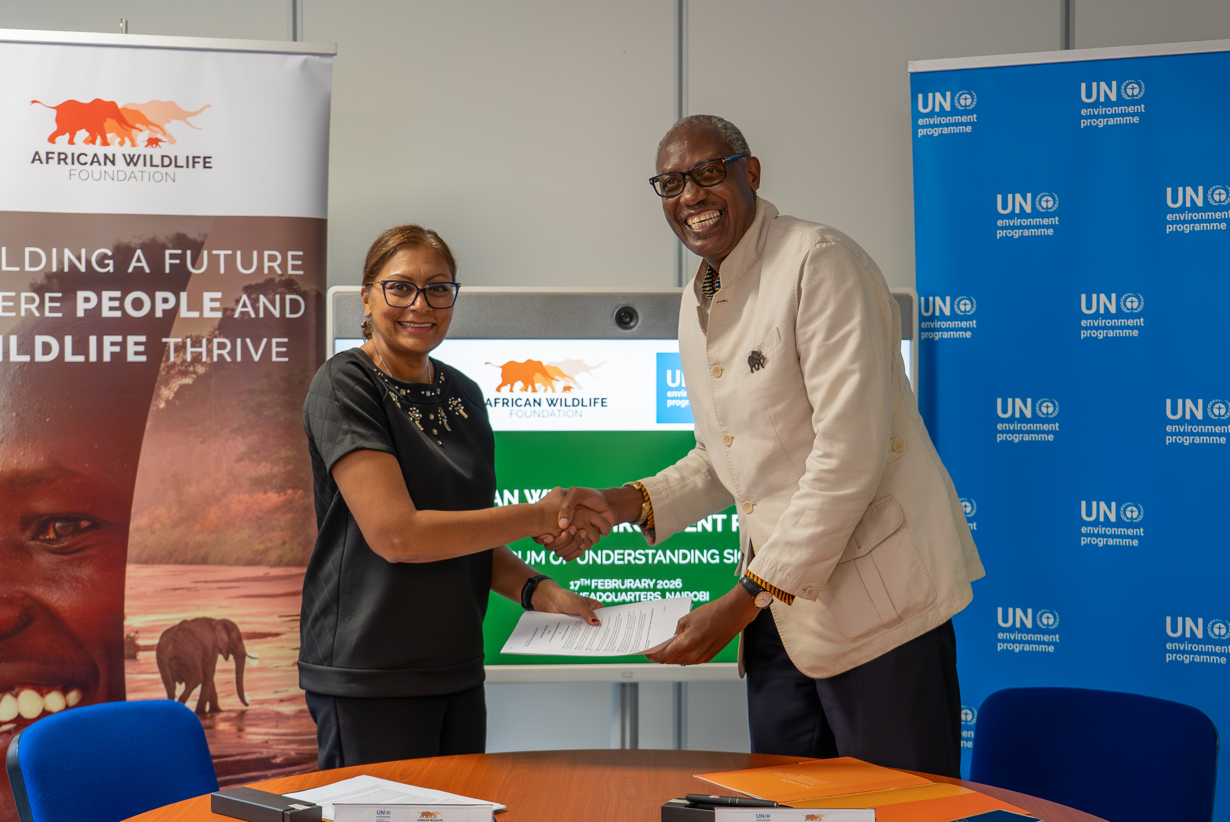 Radhika Ochalik, Director of Governance Affairs for the United Nations Environment Programme with AWF CEO Kaddu Sebunya.
