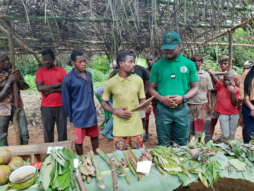Jean Daniel Ndongo explaining the benefits of a plant to an eco-guard.