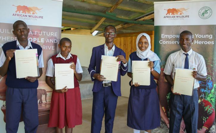 The Recipients of the 2025 AWF Young Conservation Heroes Scholarship from the left to right: Robert Kilapai, Zipporah Mumo Kiminza, Abdulrahym Godhana Garise, Swabrina Esmael, Mwamtutu Hamisi Mwaiwe.