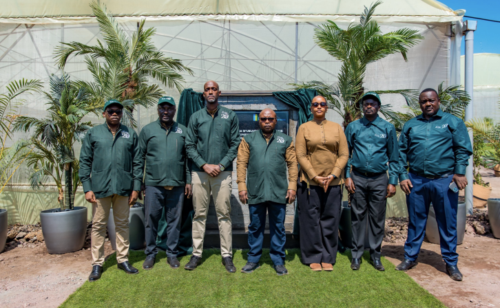 Rwanda Development Board CEO Jean Guy Afrika (third from left), alongside Dr. Telesphore Ndabamenye (center), Minister of Agriculture and Animal Resources, and Patrick Nsabimana (far right), AWF Rwanda Country Coordinator, marked the launch of the Kiningi horticulture hub in August 2025. 