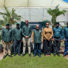 Rwanda Development Board CEO Jean Guy Afrika (third from left), alongside Dr. Telesphore Ndabamenye (center), Minister of Agriculture and Animal Resources, and Patrick Nsabimana (far right), AWF Rwanda Country Coordinator, marked the launch of the Kiningi horticulture hub in August 2025. 